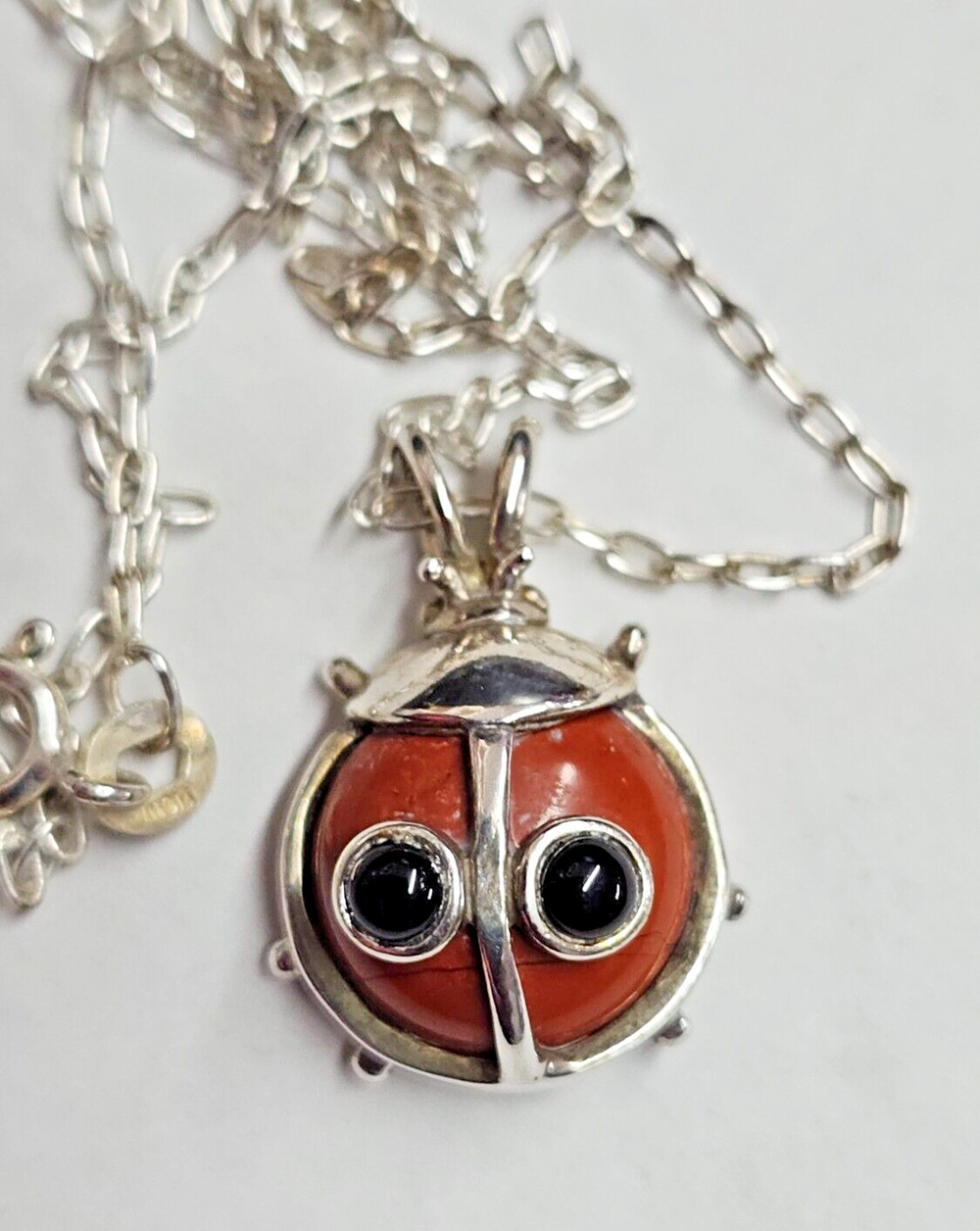 Signed 18" Sterling Silver Jasper Onyx Ladybug Necklace & Pendant